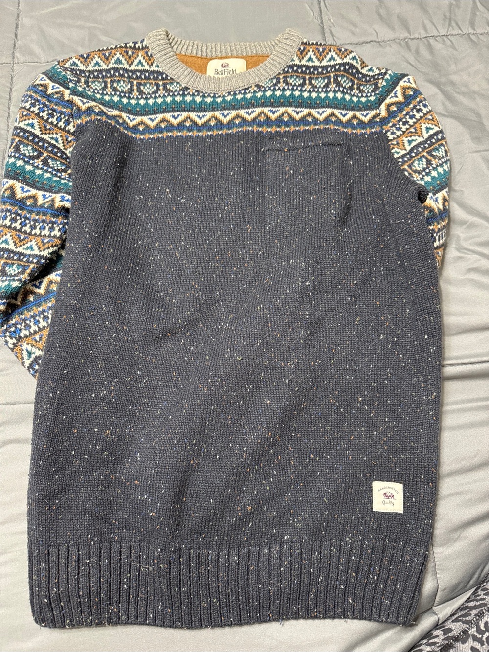 Bellfield B Jarl Navy Speckled Crewneck with Fair Isle Shoulders Sz L